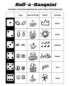 the roll - a - basquat game is shown in black and white with different symbols