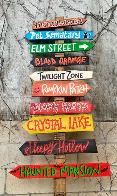 a wooden sign with many different colored signs attached to it's sides on a pole