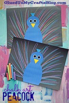 two pictures of blue birds with colored pencils on them and the words chalk art peacock