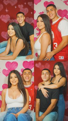 a couple posing for pictures in front of hearts