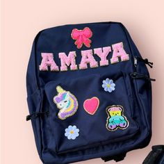 Amaya Bagpack New With Patches Cute Blue Backpack For Travel, Trendy Blue Backpack For School, Cute Blue Travel Backpack, Trendy Blue School Backpack, Playful Backpack For Students, Playful Style Standard Backpack For Students, Playful Standard Backpack For Students, Cute Blue Backpack For Back To School, Playful Backpack Shoulder Bag For School