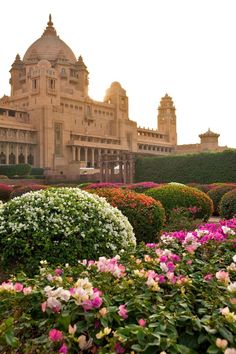 a large building with many flowers in front of it and bushes around the perimeters