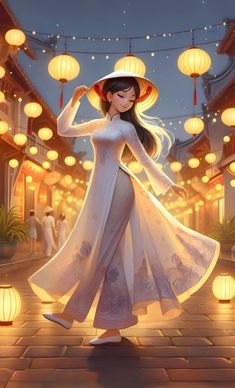 a woman in a white dress and hat standing on a street with lanterns around her