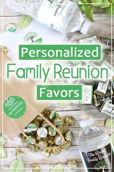 personalized family reunion favors on a wooden table with green leaves and hersheys