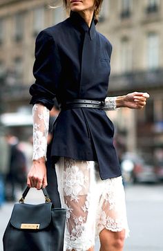 this texture mix of cashmere and lace is perfection; I would love to re-create this entire look!!! How To Wear Belts, Sukienki Maksi, Dress Like A Parisian, Paris Street Style Spring, Walking Down The Street, Looks Street Style, Paris Street Style, Looks Chic