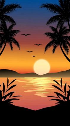 a sunset with palm trees and birds flying over the water