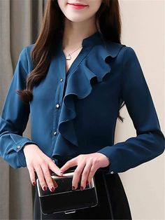 Shirt Blouse Designs, Chiffon Blouses Designs, Ladies Blouse Designs, Fancy Tops, Trendy Fashion Tops, Chiffon Long Sleeve, Band Collar