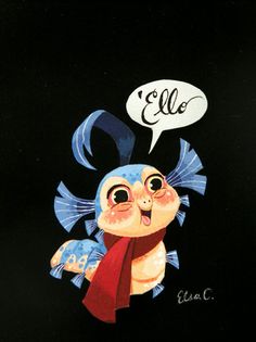 an image of a cartoon character with a speech bubble above it's head and the word ello written on its face