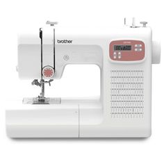 the brother sewing machine is white and has pink accents on it's front end