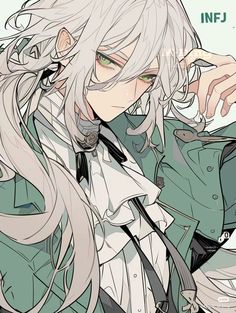 an anime character with long white hair and green eyes, holding his hand up to his face