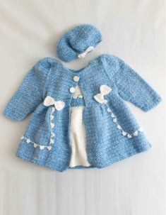 a blue knitted coat and hat on a white background with text overlay that says free crochet baby jacket pattern