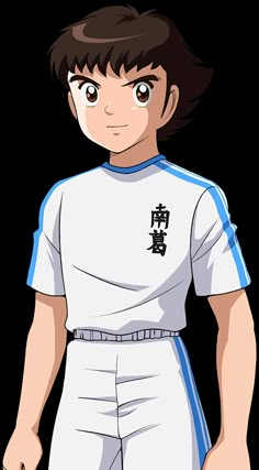 an anime character with black hair wearing a white shirt and blue trims, standing in front of a white background