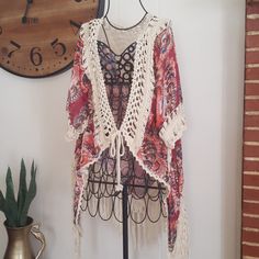 Purchased At A Boutique In Blue Ridge Ga. Brand New. The Only Tags That Were Attached Were The Shops Price Tags. Just Has The Shop Name And $60 Tags. I Purchased This For A Music Event I Ended Up Missing. One Of A Kind. Very Unique Hand Woven Macrame Style Wrap. Longer In Front And Back. Tie Dye Trippy Swirls In Design. Colors Are Burgundy, Orange, Black, Blue, And Yellow. The Woven Accents Are A Natural Cream Color. Price Is Firm. Bohemian Cotton Open Front Top, Bohemian Open Front Cotton Top, Red Summer Beach Cardigan, Red Cardigan For Beach In Spring, Red Cardigan For Spring Beach Outings, Red Fall Vacation Cardigan, Red Cardigan For Fall Vacation, Red Cotton Summer Cardigan, Vintage Beach Cardigan For Spring