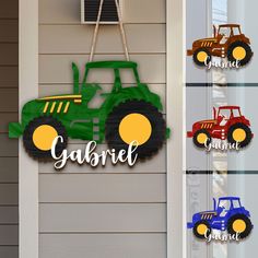 this is an image of a tractor door hanger with the name gabrie on it