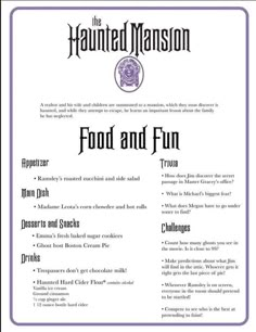 a menu for the haunted mansion food and fun