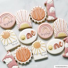 decorated cookies with different designs and words on them