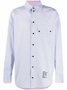 Blue cotton twin stripe long-sleeve shirt from HELMUT LANG featuring vertical stripe pattern, classic collar, long sleeves and front button fastening. Striped Long Sleeve Shirt, Helmut Lang, Curator Style, Striped Long Sleeve, Art Abstract, Stripes Pattern, Sleeve Shirt, Twins, Long Sleeve Shirts