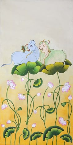 a painting of two cats sleeping on top of flowers