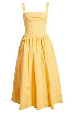 Sweet ribbon is threaded through tonal eyelets along the bodice of this sunny yellow midi dress with patch pockets along the playfully flared skirt. Exclusive retailer Back zip closure Square neck Button straps Front patch pockets Lined 98% cotton, 2% spandex Dry clean Imported Yellow Cabs, Midi Sundress, Yellow Midi Dress, Poppy Print, Square Neck Dress, Sunny Yellow, Dress Home, House Of Cb, House Dress