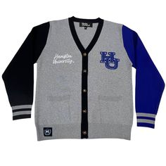 Introducing the Hampton University Cardigan Sweater!Make a bold statement and wear your Hampton pride with this one-of-a-kind and comfortable cardigan sweater, perfect for any alumni, students or supporters. Made with the highest quality materials, this sweater is designed to keep you warm and cozy while representing Hampton. Note: This is a pre-order item. Expected to ship early December 2023. Features:- Official Hampton University logo embroidered on the chest- Large "HU" Logo Chenille patch- Winter Varsity Sweater For Streetwear, Varsity Sweater For Winter Streetwear, Collegiate Cardigan For College In Fall, Collegiate Fall Cardigan For College, Collegiate Style Cardigan For Fall College Season, Fall Collegiate Style College Cardigan, Collegiate Style Fall Cardigan For College, Winter College Cardigan, Casual Winter Cardigan For College