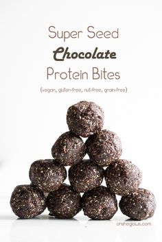 chocolate protein bites stacked on top of each other with the title super seed chocolate protein bites