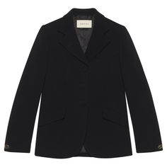 100% authentic Gucci single breasted blazer in black cady viscose (with 3% elastane) and satin inserts on the side (please note that content tag missing) with notch collar and three pockets on the front. Closes with one button at the neck-line and with three buttons on the front and with logo gold&black enamel buttoned sleeve-hem. lined in black viscose blend (content tag missing). Has been worn and is in excellent condition. Measurements Tag Size Missing Tag (S/M) Shoulder Width 39cm (15.2in) B Gucci Tailored Double-breasted Blazer, Gucci Double-breasted Formal Blazer, Gucci Formal Double-breasted Blazer, Gucci Luxury Notch Lapel Suits, Gucci Luxury Double-breasted Blazer, Fitted Gucci Blazer With Double-breasted Button, Luxury Gucci Double-breasted Blazer, Gucci Elegant Double-breasted Blazer, Luxury Gucci Blazer With Notch Lapel