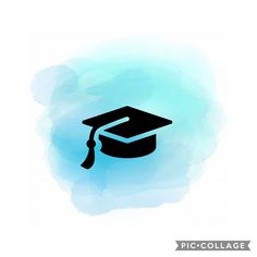 a blue watercolor background with a black graduation cap and tassel on the top