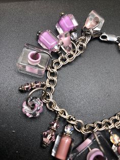 Vintage Murano glass Charms and beads geometric pink / purple bracelet and sterling silver chain link Pink Metal Chain Jewelry, Pink Chain Bracelet With Lobster Clasp, Pink Metal Beaded Jewelry, Pink Beaded Metal Jewelry, Pink Chain Bracelet Jewelry, Pink Chain Bracelet As A Gift, Purple Glass Beaded Jewelry, Nickel-free Purple Glass Jewelry, Handmade Pink Glass Bracelets