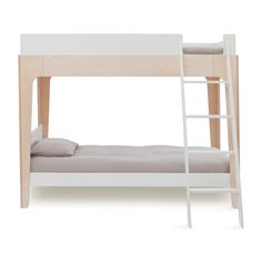 a white bunk bed with a ladder on the bottom and mattress below it, against a white background