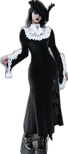 Black Gothic Dress For Fantasy Events, Fitted Black Dress For Fantasy Events, Elegant Medieval Dress For Halloween, Black Gothic Medieval Dress With Long Sleeves, Elegant Black Fitted Medieval Dress, Elegant Fitted Black Medieval Dress, Elegant Dresses For Halloween Fantasy Events, Elegant Black Long Sleeve Medieval Dress, Fitted Black Medieval Dress For Fantasy Events