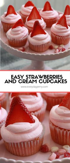 strawberry cupcakes with white frosting and strawberries on top are shown in this collage