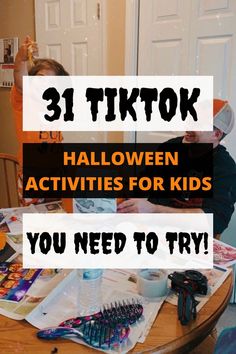 two children sitting at a table with halloween decorations and supplies on it, the text reads 31 tiktok halloween activities for kids you need to try