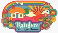 the rainbow village home logo with flowers and houses in the background on a white background