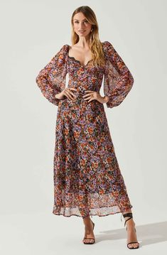 Sylvie Floral Puff Sleeve Midi Dress - Orange purple floral / XS Long Puff Sleeve Dress, فستان زهري, Vintage Floral Print Dress, Midi Dress Floral, Casual Midi Dress, Beach Holiday Dresses, Midi Dress Fall, Puff Sleeve Dress, Boho Lace