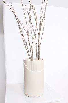 a white vase with some branches in it