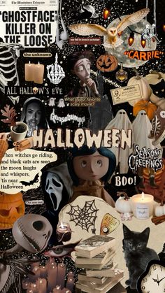 a collage of halloween related items and words