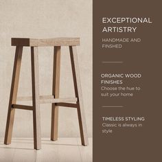 a wooden stool with the words exceptional artistry on it and an advertisement for wood furniture