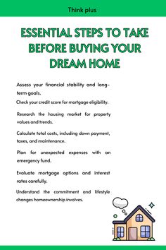 Essential Steps to Take Before Buying Your Dream Home Discover the crucial steps to make homeownership a reality. From financial readiness to market research, prepare to find the perfect home. #HomeBuying #DreamHome #HomeOwnership #FinancialPlanning #RealEstateTips Financial Calculators, Teen Life, Real Estate Tips, Emergency Fund, Home Ownership, Credit Score, Financial Literacy, Market Research