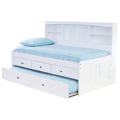 a white bed with drawers underneath it and a blue bedspread on the bottom