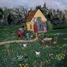 a painting of a yellow house in the middle of a field with flowers and chickens