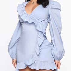 Nwt Never Worn! - Fashion Nova Ruffle Around Mini Dress - Light Blue - Zipper In The Back - Long Sleeve - Extra Fabric In The Shoulders- Puff Sleeves Blue Ruffle Dress, Baby Shower Dress, Stephanie Rao, Ruffled Mini Dress, Dressy Dress, Baby Blue Dresses, Doll Wardrobe, Fashion Tops Blouse, Fairy Fashion