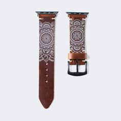 "This design is a limited edition, hand-painted piece. It is made to order and takes approximately 15 days to prepare. The finished product is a unique and beautiful work of art that will be a treasured addition to any watch. The band is made from high-quality leather and features a beautiful mandala pattern.  This band is perfect for anyone who wants a unique and stylish way to accessorize their Apple Watch. It is also a great gift for the Apple Watch lover in your life. 2 mm full-grain leather White Rectangular Watch Accessories For Gifts, Gift White Watches With Leather Strap, Rectangular White Watch Accessories For Gift, White Watches With Leather Strap For Gifts, Rectangular White Watch Accessories As Gift, White Watches With Leather Strap As Gift, White Leather Strap Watch Bands For Gift, White Leather Strap Watch Band As Gift, Handmade Modern Apple Watch Band For Gift