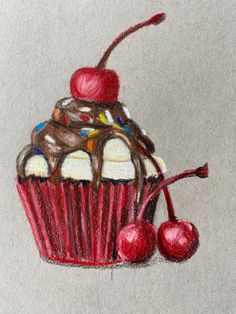 a drawing of a cupcake with cherries on top