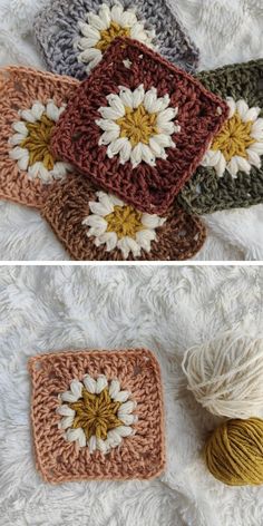 four crocheted squares with flowers on them