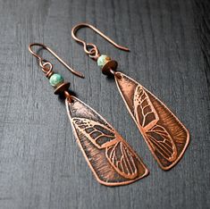 Turquoise Earrings Copper Earrings Etched Copper Earrings - Etsy Etched Copper Jewelry, Copper Jewelry Diy, Copper Enameling, Copper Earrings Handmade, Copper Etching, Enameled Earrings, Copper Butterfly, Etched Jewelry, Medicine Pouch