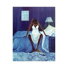 a painting of a woman in white dress sitting on a bed with a night stand