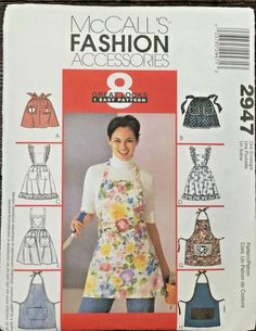 a woman wearing an apron with flowers on it and the pattern is in front of her