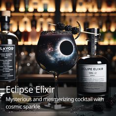 Eclipse Elixir an AI created cocktail. Mysterious and mesmerizing cocktail with cosmic sparkle Tail Ideas, Edible Pearls, Santa Cookies, Night Cap, How To Squeeze Lemons, Solar Eclipse, Deep Colors, Simple Syrup, Mixology