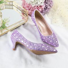 Category:Wedding Shoes,Pumps; Upper Materials:PU; Embellishment:Rhinestone,Crystal,Sparkling Glitter; Heel Type:Stiletto; Gender:Women's; Toe Shape:Pointed Toe; Type:Wedding Heels,Bridal Shoes,Bridesmaid Shoes; Style:Cute,Minimalism,Business,Sexy; Heel Height(inch):2-3; Outsole Materials:Rubber; Occasion:Party; Closure Type:Loafer; Pattern:Geometric,Polka Dot; Listing Date:12/14/2023; Production mode:Self-produce; 2024 Trends:Ladies Shoes Valentines Gifts; Foot Length:; Foot Width:; Size chart d Dark Purple Heels Wedding, Purple Bridal Shoes, Wedding Shoes For Bride, Bride Heels, Shoes Bridesmaid, Wedding Shoes Pumps, Shoes For Bride, Glitter Stilettos, Shoes Glitter