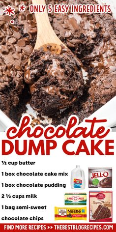 chocolate dump cake recipe in a white bowl with a wooden spoon on the side and text overlay that reads, chocolate dump cake only 5 easy ingredients